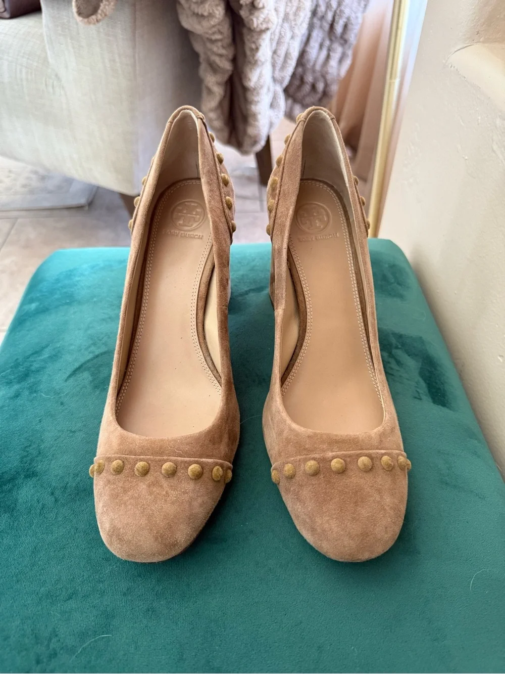Tory Burch Colt Women’s Suede Block Heel Pumps in light brown with Stud Detail